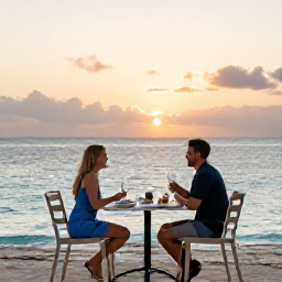 Caribbean Holidays, August Spa Breaks, A couple enjoying a relaxed sunset dinner beside the sea on Providenciales, Turks and Caicos