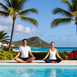 Caribbean Holidays, August Spa Breaks, A couple practising gentle yoga beside a Saint Barth&eacute;lemy pool in the morning, surrounded by palms and tropical plants