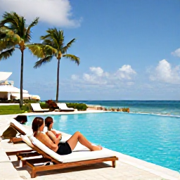 Caribbean Holidays, August Spa Breaks, A couple relaxing beside an infinity pool at a Caribbean resort in August, with loungers, palm trees and a view across the sea