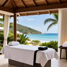 Caribbean Holidays, August Spa Breaks, A peaceful luxury spa setting in Saint Barth&eacute;lemy with tropical greenery, treatment rooms and a glimpse of the Caribbean Sea