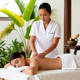 Caribbean Holidays, August Spa Breaks, A professional therapist giving a relaxing massage in a bright Caribbean spa, with natural materials, soft towels and tropical greenery
