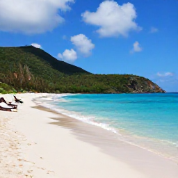 Caribbean Holidays, August Spa Breaks, A quiet Saint Barth&eacute;lemy beach in August with turquoise water, pale sand, sun loungers and green hills in the background