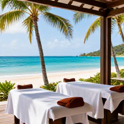 Caribbean Holidays, August Spa Breaks, A serene luxury spa overlooking a tropical beach on Saint Kitts, with treatment rooms, palm trees and calm turquoise sea