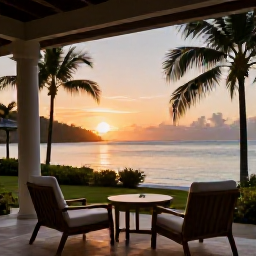 Caribbean Holidays, August Spa Breaks, A tranquil Caribbean sunset viewed from a comfortable resort terrace, with palm silhouettes, calm water and soft evening light