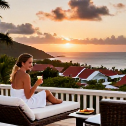 Caribbean Holidays, August Spa Breaks, An elegant Saint Barth&eacute;lemy hotel terrace at sunset with a spa guest enjoying a drink, island rooftops and the Caribbean horizon