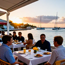 Caribbean Holidays, August Spa Breaks, Colourful waterfront restaurant in Marigot Saint Martin at sunset, Caribbean dishes, relaxed diners and harbour views