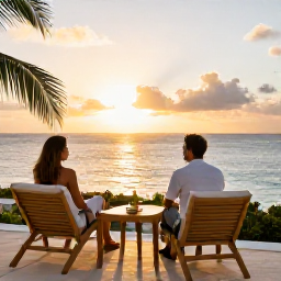 Caribbean Holidays, August Spa Breaks, Couple enjoying a peaceful August sunset from a Saint Martin resort terrace overlooking the Caribbean Sea