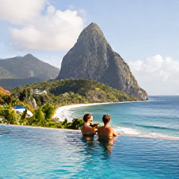 Caribbean Holidays, August Spa Breaks, Couple relaxing beside an infinity pool with views of the Pitons and Caribbean coastline in Saint Lucia