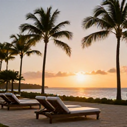 Caribbean Holidays, August Spa Breaks, Elegant Caribbean resort spa at sunset with comfortable loungers, palm trees and a peaceful atmosphere