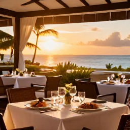 Caribbean Holidays, August Spa Breaks, Elegant Jamaican resort restaurant serving fresh Caribbean food at sunset, with warm lighting and a relaxed sophisticated setting