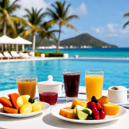 Caribbean Holidays, August Spa Breaks, Healthy Caribbean breakfast with fresh tropical fruit beside a resort pool in the United States Virgin Islands