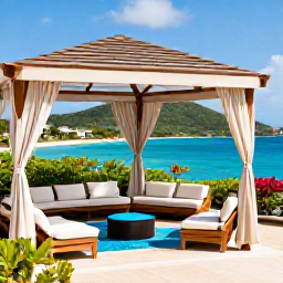 Caribbean Holidays, August Spa Breaks, Open-air Caribbean spa pavilion overlooking turquoise water and green hills on St Thomas