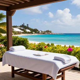 Caribbean Holidays, August Spa Breaks, Open-air Caribbean spa treatment overlooking a turquoise bay on Saint Martin, tropical plants and comfortable treatment bed