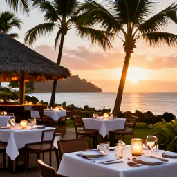 Caribbean Holidays, August Spa Breaks, Open-air Saint Lucia restaurant serving a fresh Caribbean dinner at sunset, with palm trees and softly lit tables
