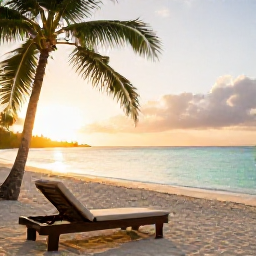 Caribbean Holidays, August Spa Breaks, Quiet Jamaican beach at sunrise with a comfortable sun lounger, palm trees, turquoise water and a tranquil atmosphere