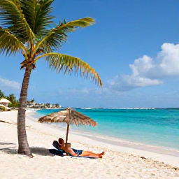 Caribbean Holidays, August Spa Breaks, Quiet sandy beach in Sint Maarten in August, turquoise Caribbean water, palm trees and a person relaxing under a sun umbrella
