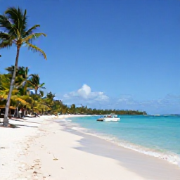 Caribbean Holidays, August Tours, A relaxed Caribbean beach in August with turquoise water, palm trees and a small excursion boat near the shore