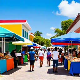 Caribbean Holidays, August Tours, Colourful Caribbean market street in August with local food stalls, musicians and visitors browsing in the sunshine
