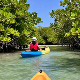 Caribbean Holidays, August Tours, Family-friendly kayak tour through calm mangrove channels in Turks and Caicos, with lush green foliage and clear water