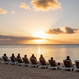 Caribbean Holidays, August Tours, Friendly Caribbean resort beach at sunset in August with loungers, calm water and travellers enjoying a relaxed evening