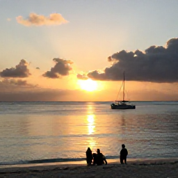 Caribbean Holidays, August Tours, Golden sunset over a calm Turks and Caicos beach with a small excursion boat offshore and visitors relaxing on the sand