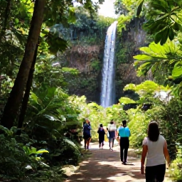 Caribbean Holidays, August Tours, Lush Caribbean waterfall and forest trail with holiday visitors exploring in light August sunshine