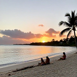 Caribbean Holidays, August Tours, Travellers relaxing on a quiet sandy beach in St Thomas at sunset, with calm water and palm silhouettes
