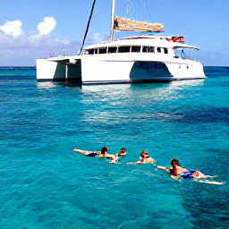 Caribbean Holidays, August Tours, Visitors snorkelling above a clear Caribbean reef beside a catamaran on a sunny August day