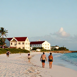 Caribbean Holidays, August Tours, Visitors walking along a quiet white sand beach in Grand Turk with historic island buildings and warm afternoon light