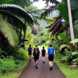 Caribbean Holidays, August Walking, Hikers following a well-marked forest path beneath tropical trees near Soufriere, Saint Lucia