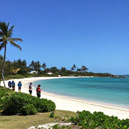 Caribbean Holidays, August Walking Holidays, A calm Caribbean bay beside a walking route on Virgin Gorda, with a small group of walkers, palm trees and clear blue water
