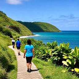 Caribbean Holidays, August Walking Holidays, A coastal path overlooking green hills and clear blue water on Saint Lucia in August, with walkers enjoying the view