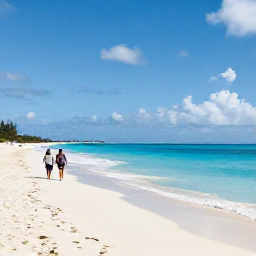Caribbean Holidays, August Walking Holidays, A couple walking along a quiet white-sand beach in Turks and Caicos beneath a bright August sky, turquoise sea and gentle waves