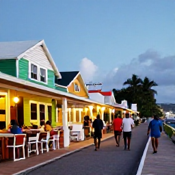 Caribbean Holidays, August Walking Holidays, A friendly August evening on Saint Kitts, with walkers enjoying a seaside restaurant near colourful Caribbean buildings