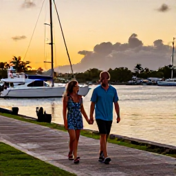 Caribbean Holidays, August Walking Holidays, A friendly couple enjoying a relaxed evening walk beside the harbour in Cruz Bay, St John, with Caribbean boats and warm sunset light