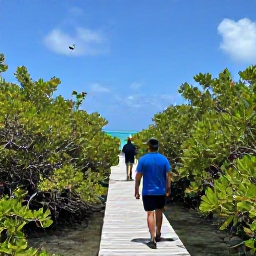 Caribbean Holidays, August Walking Holidays, A friendly local guide leading visitors on a coastal nature walk in Turks and Caicos during August, with mangroves, sea birds and bright blue water