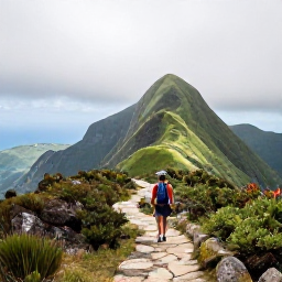 Caribbean Holidays, August Walking Holidays, A hiker on a well-marked trail in Jamaica&rsquo;s Blue Mountains in August, with misty green peaks and a distant Caribbean view