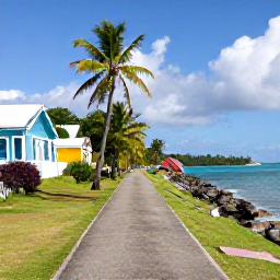 Caribbean Holidays, August Walking Holidays, A peaceful coastal path near Basseterre on Saint Kitts, with colourful buildings, palm trees and turquoise Caribbean water