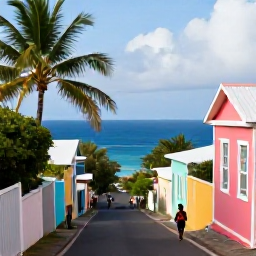 Caribbean Holidays, August Walking Holidays, A quiet Caribbean village lane leading towards the sea on Saint Vincent, with colourful homes, palm trees and walkers, realistic travel photograph