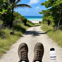 Caribbean Holidays, August Walking Holidays, A relaxed Caribbean walking holiday scene in August, with walking boots, a water bottle and a sunny island trail beside the sea