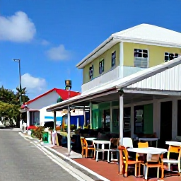 Caribbean Holidays, August Walking Holidays, A relaxed outdoor caf&eacute; beside a colourful Caribbean street in Grand Case, Saint Martin, with walkers enjoying local food