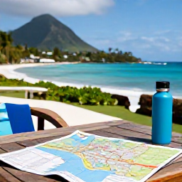 Caribbean Holidays, August Walking Holidays, A relaxed outdoor table with a map, water bottle and tropical Caribbean view in Saint Vincent and the Grenadines, realistic travel photograph