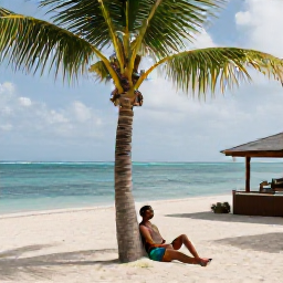 Caribbean Holidays, August Walking Holidays, A relaxed traveller resting under a palm tree after a morning walk on a Turks and Caicos beach, with water, sand and a small beach caf&eacute; nearby
