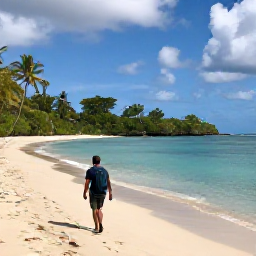 Caribbean Holidays, August Walking Holidays, A relaxed walker cooling off at a Saint Barth&eacute;lemy beach after a morning hike, with calm turquoise water and palm-fringed sand
