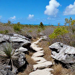 Caribbean Holidays, August Walking Holidays, A scenic August hiking trail through dry tropical scrub on Providenciales, with limestone rocks, native plants and blue Caribbean water in the distance
