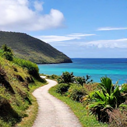 Caribbean Holidays, August Walking Holidays, A scenic Caribbean coastal walking trail in August, with turquoise sea, green hills and a bright but gentle tropical sky