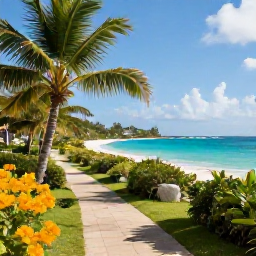 Caribbean Holidays, August Walking Holidays, A scenic coastal walking path beside a turquoise Caribbean sea on Saint Martin, with palms and bright tropical vegetation