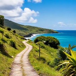 Caribbean Holidays, August Walking Holidays, A scenic coastal walking trail on Saint Kitts with green hills, tropical vegetation and the Caribbean Sea in August sunshine