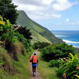 Caribbean Holidays, August Walking Holidays, A scenic coastal walking trail on Saint Vincent with lush green hills, tropical vegetation and the Caribbean Sea in the background, realistic travel photograph