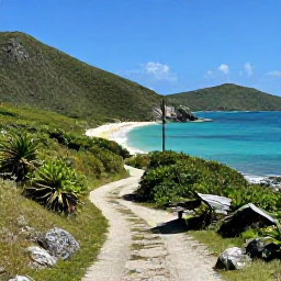 Caribbean Holidays, August Walking Holidays, A scenic coastal walking trail on St John in the United States Virgin Islands, with turquoise sea, green hills and warm August sunshine